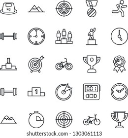 Thin Line Icon Set - pedestal vector, medal, barbell, bike, run, heavy, clock, stopwatch, target, mountains, award cup
