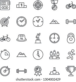Thin Line Icon Set - pedestal vector, medal, barbell, bike, run, heavy, clock, stopwatch, target, mountains, award cup
