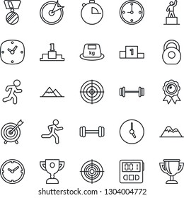 Thin Line Icon Set - pedestal vector, medal, barbell, run, heavy, clock, stopwatch, target, mountains, award cup