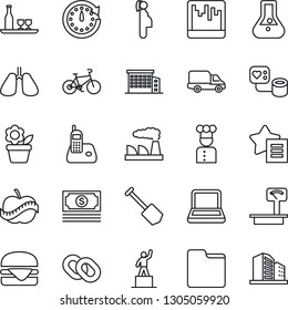 Thin Line Icon Set - pedestal vector, job, factory, flower in pot, blood pressure, bike, lungs, diet, pregnancy, cash, car delivery, heavy scales, radio phone, chain, favorites list, scanner, folder