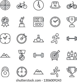 Thin Line Icon Set - pedestal vector, medal, barbell, bike, run, heavy, clock, stopwatch, target, mountains, award cup