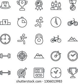 Thin Line Icon Set - pedestal vector, medal, barbell, bike, run, heavy, clock, stopwatch, target, mountains, award cup