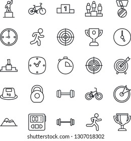 Thin Line Icon Set - pedestal vector, medal, barbell, bike, run, heavy, clock, stopwatch, target, mountains, award cup