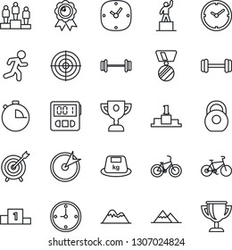 Thin Line Icon Set - pedestal vector, medal, barbell, bike, run, heavy, clock, stopwatch, target, mountains, award cup