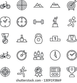 Thin Line Icon Set - pedestal vector, medal, barbell, bike, run, heavy, clock, stopwatch, target, mountains, award cup