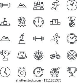 Thin Line Icon Set - pedestal vector, medal, barbell, bike, run, heavy, clock, target, mountains, award cup
