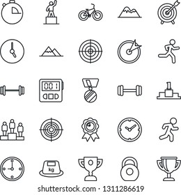 Thin Line Icon Set - pedestal vector, medal, barbell, bike, run, heavy, clock, stopwatch, target, mountains, award cup