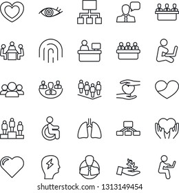 Thin Line Icon Set - pedestal vector, team, brainstorm, meeting, manager place, heart, disabled, hand, lungs, eye, client, speaker, fingerprint id, company, group, palm sproute, hierarchy