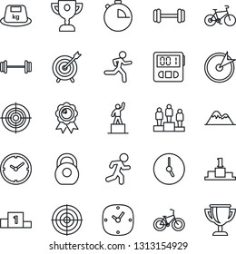 Thin Line Icon Set - pedestal vector, medal, barbell, bike, run, heavy, clock, stopwatch, target, mountains, award cup