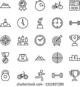 Thin Line Icon Set - pedestal vector, medal, barbell, bike, run, heavy, clock, stopwatch, target, mountains, award cup