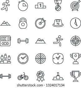 Thin Line Icon Set - pedestal vector, medal, barbell, bike, run, heavy, clock, stopwatch, target, mountains, award cup