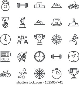 Thin Line Icon Set - pedestal vector, medal, barbell, bike, run, heavy, clock, stopwatch, target, mountains, award cup