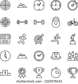 Thin Line Icon Set - pedestal vector, medal, barbell, bike, run, heavy, clock, stopwatch, target, mountains, award cup