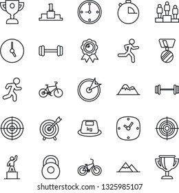 Thin Line Icon Set - pedestal vector, medal, barbell, bike, run, heavy, clock, stopwatch, target, mountains, award cup