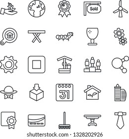 Thin Line Icon Set - pedestal vector, medal, rake, well, caterpillar, picnic table, earth, fragile, package, share, stop button, settings, calendar, sertificate, sold signboard, office building, tie