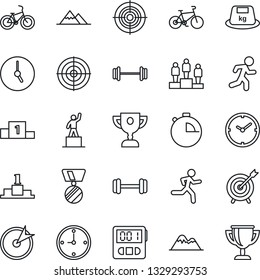 Thin Line Icon Set - pedestal vector, medal, barbell, bike, run, heavy, clock, stopwatch, target, mountains, award cup