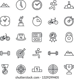 Thin Line Icon Set - pedestal vector, medal, barbell, bike, run, heavy, clock, stopwatch, target, mountains, award cup