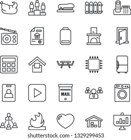 Thin Line Icon Set - pedestal vector, team, fireplace, picnic table, warehouse storage, flammable, radio, heart, low battery, play button, calculator, identity card, office phone, hierarchy, stapler