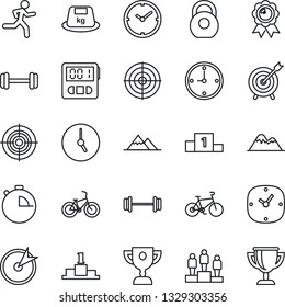 Thin Line Icon Set - pedestal vector, medal, barbell, bike, run, heavy, clock, stopwatch, target, mountains, award cup