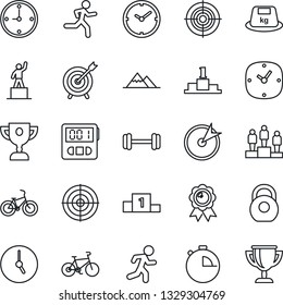 Thin Line Icon Set - pedestal vector, medal, barbell, bike, run, heavy, clock, stopwatch, target, mountains, award cup