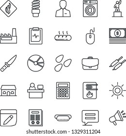 Thin Line Icon Set - Pedestal Vector, Mouse, Manager Place, Sun, Seeds, Pulse Clipboard, Message, User, Notes, Pie Graph, Contract, Washer, Factory, Bread, Cafe Building, Kebab, Hot Dog, Knife, Cash