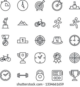 Thin Line Icon Set - pedestal vector, medal, barbell, bike, run, heavy, clock, stopwatch, target, mountains, award cup
