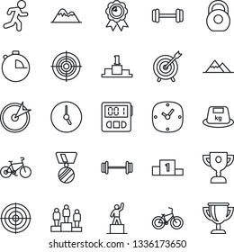 Thin Line Icon Set - pedestal vector, medal, barbell, bike, run, heavy, clock, stopwatch, target, mountains, award cup