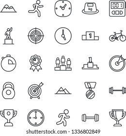 Thin Line Icon Set - pedestal vector, medal, barbell, bike, run, heavy, clock, stopwatch, target, mountains, award cup
