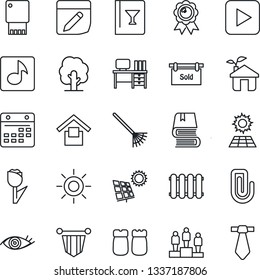 Thin Line Icon Set - pedestal vector, pennant, medal, desk, rake, tree, sun, eye, warehouse storage, tulip, play button, calendar, notes, music, paper clip, book, panel, sold signboard, wine card