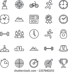 Thin Line Icon Set - pedestal vector, medal, barbell, bike, run, heavy, clock, stopwatch, target, mountains, award cup