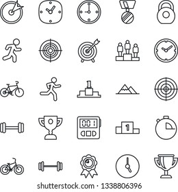 Thin Line Icon Set - pedestal vector, medal, barbell, bike, run, heavy, clock, stopwatch, target, mountains, award cup