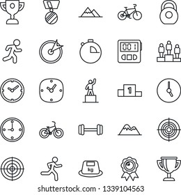 Thin Line Icon Set - pedestal vector, medal, barbell, bike, run, heavy, clock, stopwatch, target, mountains, award cup