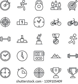 Thin Line Icon Set - pedestal vector, medal, barbell, bike, run, heavy, clock, stopwatch, target, mountains, award cup