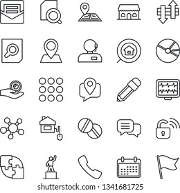 Thin Line Icon Set - pedestal vector, document search, monitor pulse, pills, navigation, pin, mobile tracking, dialog, share, call, menu, mail, data exchange, application, pie graph, support, pencil