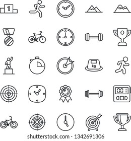 Thin Line Icon Set - pedestal vector, medal, barbell, bike, run, heavy, clock, stopwatch, target, mountains, award cup