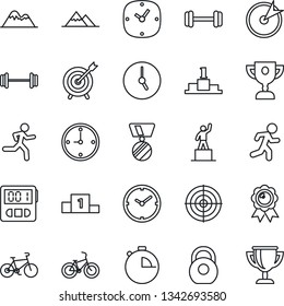 Thin Line Icon Set - pedestal vector, medal, barbell, bike, run, heavy, clock, stopwatch, target, mountains, award cup