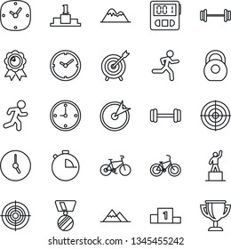 Thin Line Icon Set - pedestal vector, medal, barbell, bike, run, heavy, clock, stopwatch, target, mountains, award cup