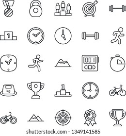 Thin Line Icon Set - pedestal vector, medal, barbell, bike, run, heavy, clock, stopwatch, target, mountains, award cup