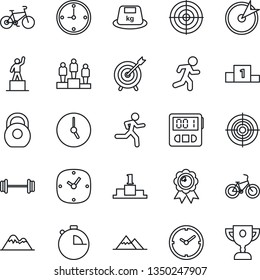 Thin Line Icon Set - pedestal vector, medal, barbell, bike, run, heavy, clock, stopwatch, target, mountains, award cup
