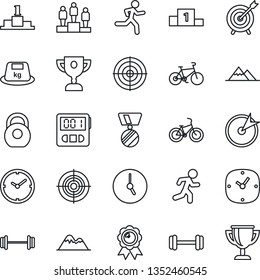 Thin Line Icon Set - pedestal vector, medal, barbell, bike, run, heavy, clock, stopwatch, target, mountains, award cup