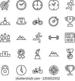 Thin Line Icon Set - pedestal vector, medal, barbell, bike, run, heavy, clock, stopwatch, target, mountains, award cup