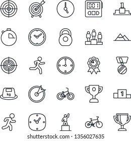 Thin Line Icon Set - pedestal vector, medal, bike, run, heavy, clock, stopwatch, target, mountains, award cup
