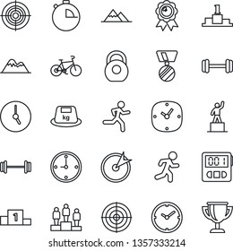 Thin Line Icon Set - pedestal vector, medal, barbell, bike, run, heavy, clock, stopwatch, target, mountains, award cup