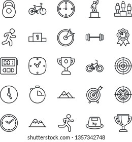 Thin Line Icon Set - pedestal vector, medal, barbell, bike, run, heavy, clock, stopwatch, target, mountains, award cup