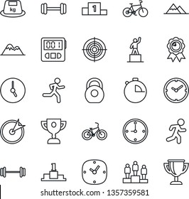 Thin Line Icon Set - pedestal vector, medal, barbell, bike, run, heavy, clock, stopwatch, target, mountains, award cup
