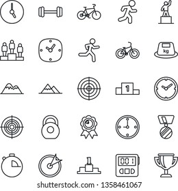 Thin Line Icon Set - pedestal vector, medal, barbell, bike, run, heavy, clock, stopwatch, target, mountains, award cup