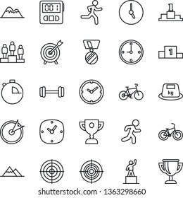 Thin Line Icon Set - pedestal vector, medal, barbell, bike, run, heavy, clock, stopwatch, target, mountains, award cup