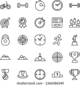 Thin Line Icon Set - pedestal vector, medal, barbell, bike, run, heavy, clock, stopwatch, target, mountains, award cup