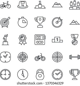 Thin Line Icon Set - pedestal vector, medal, barbell, bike, heavy, clock, stopwatch, target, mountains, award cup
