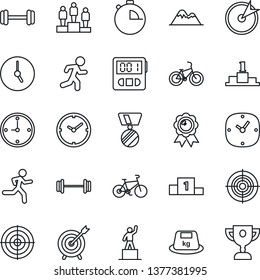 Thin Line Icon Set - pedestal vector, medal, barbell, bike, run, heavy, clock, stopwatch, target, mountains, award cup